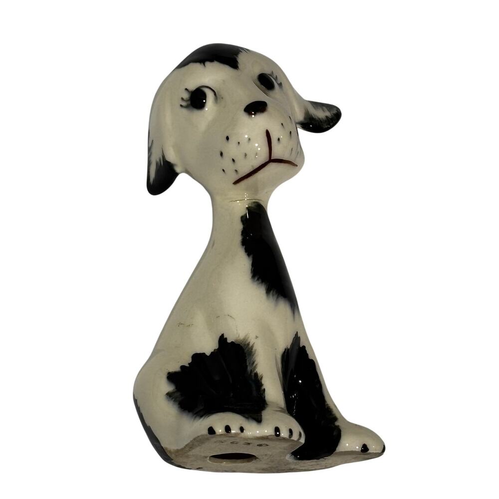 Vintage ceramic sad puppy figure figurine black & white dog stamped 2030